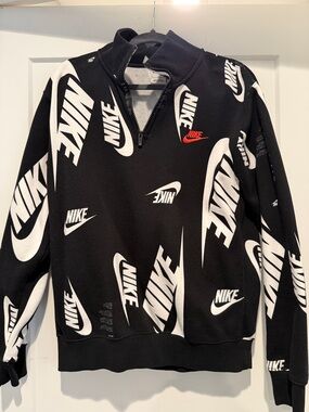 Nike Black Sweatshirt with White All-Over Logos and Red Swoosh